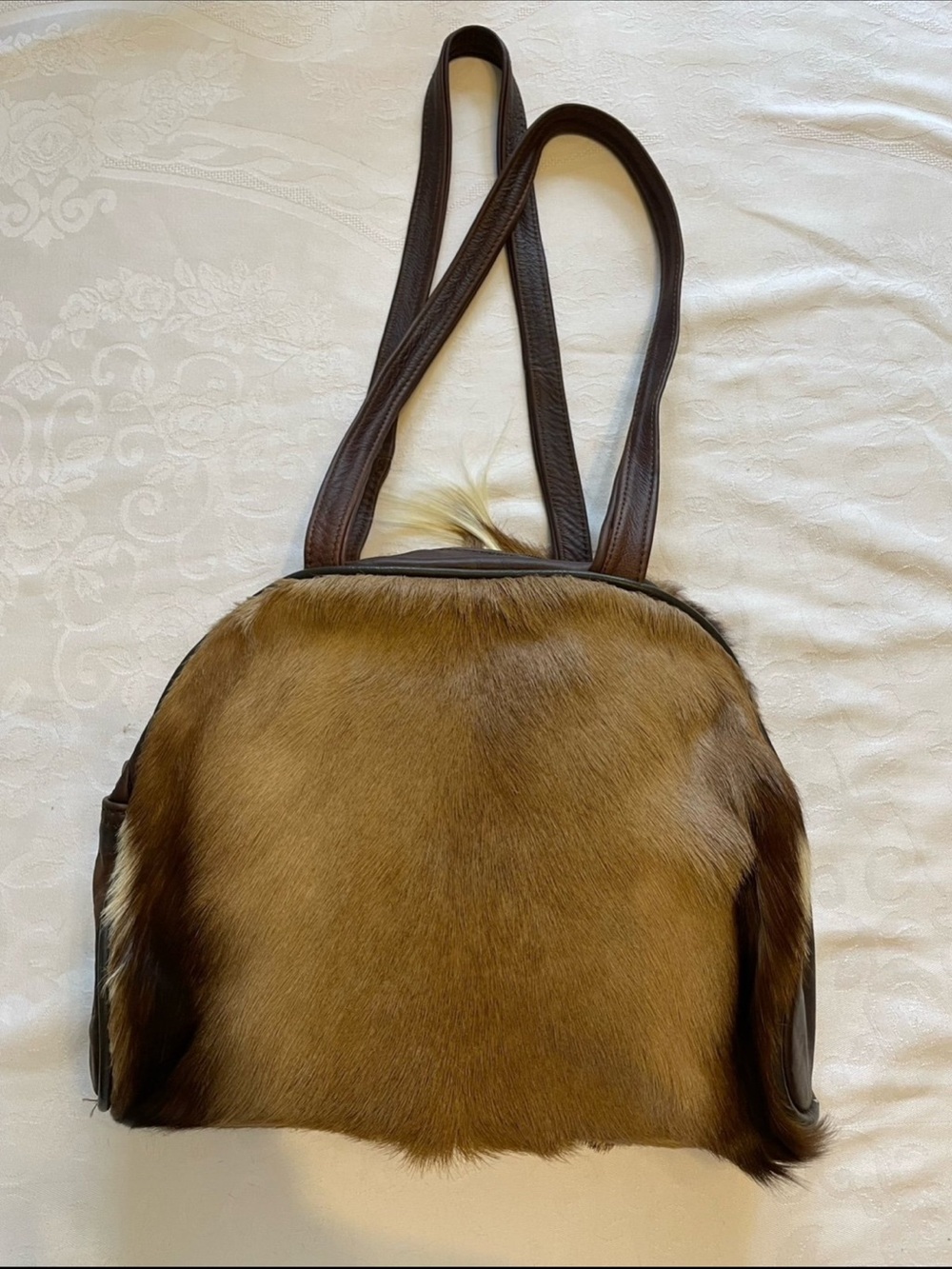 Faux Fur Brown Tote Bag with Leather Straps - Picture 2 of 11